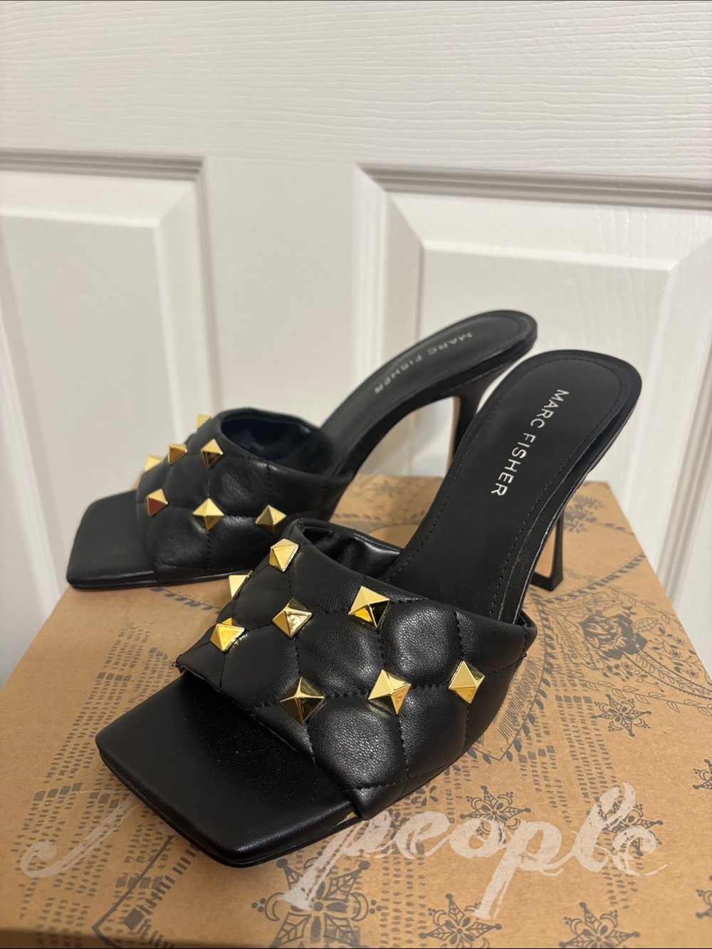 Marc Fisher Black Quilted Slide Heels with Gold Pyramid Studs
